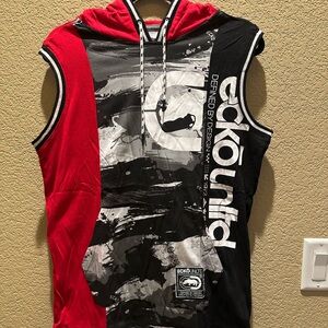 Ecko Unlimited Red and Black Graphic Sleeveless Hoodie